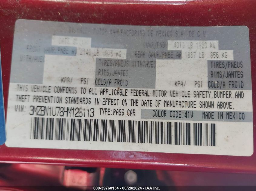 2017 Mazda Mazda3 Sport VIN: 3MZBN1U78HM128113 Lot: 39760134