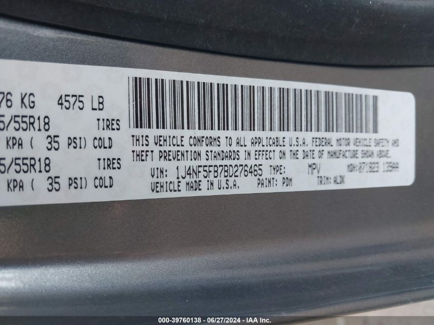 2011 Jeep Compass Limited VIN: 1J4NF5FB7BD276465 Lot: 39760138