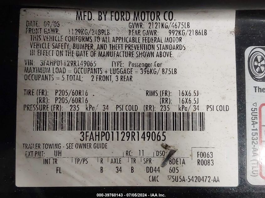 2009 Ford Fusion Se VIN: 3FAHP01129R149065 Lot: 39760143