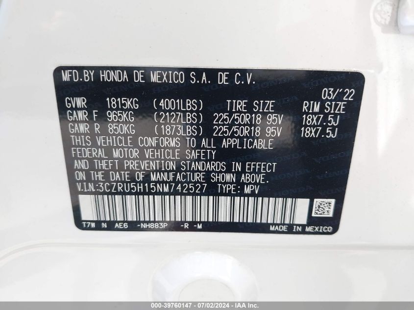 2022 Honda Hr-V 2Wd Sport VIN: 3CZRU5H15NM742527 Lot: 39760147