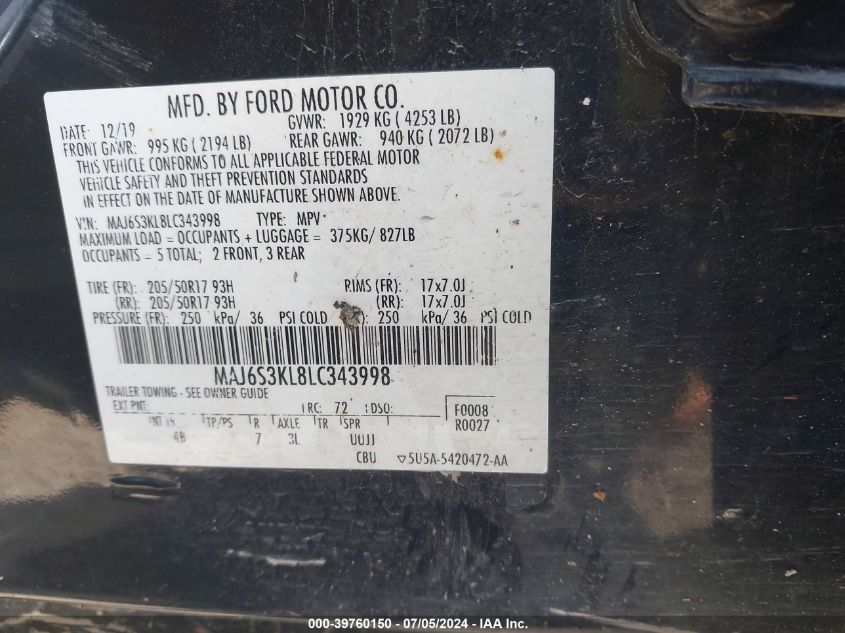 2020 Ford Ecosport Titanium VIN: MAJ6S3KL8LC343998 Lot: 39760150