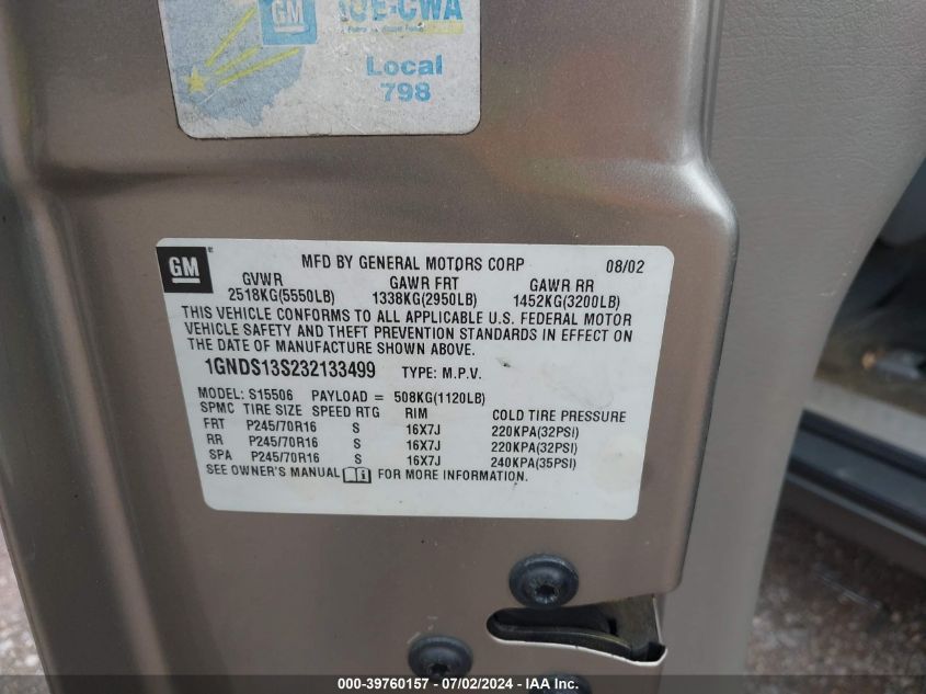 2003 Chevrolet Trailblazer VIN: 1GNDS13S232133499 Lot: 39760157