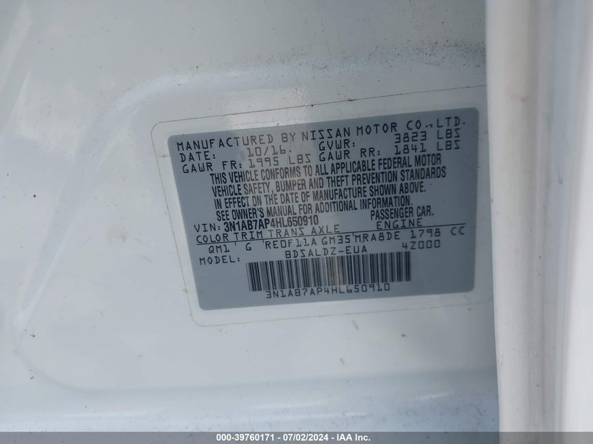 2017 Nissan Sentra Sv VIN: 3N1AB7AP4HL650910 Lot: 39760171