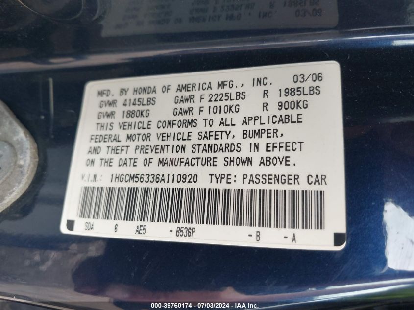 2006 Honda Accord 2.4 Se VIN: 1HGCM56336A110920 Lot: 39760174