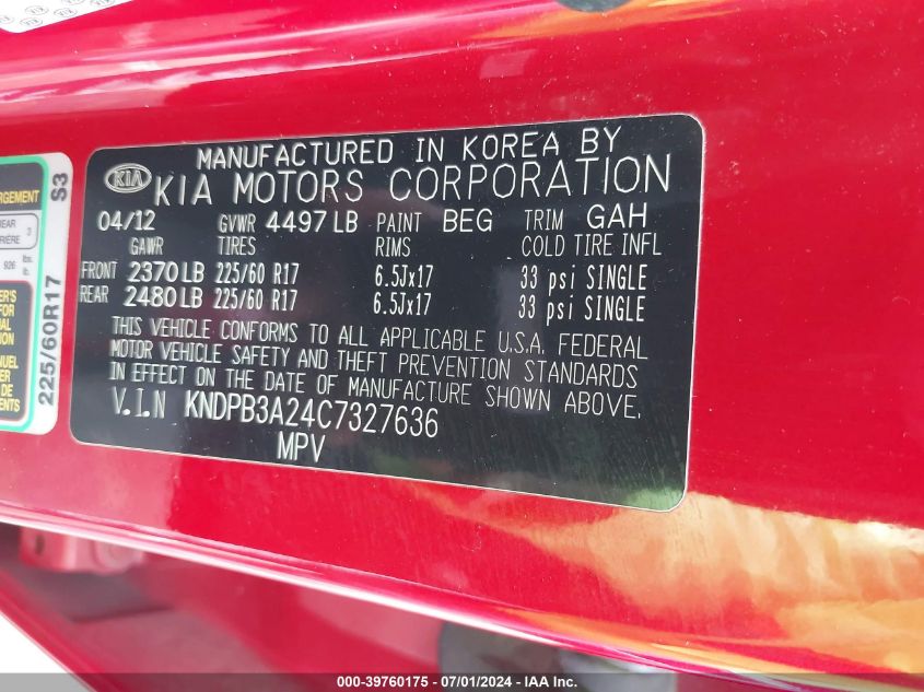 2012 Kia Sportage Lx VIN: KNDPB3A24C7327636 Lot: 39760175
