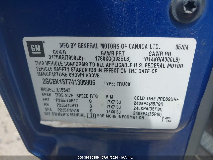 2004 Chevrolet Silverado 1500 Z71 VIN: 2GCEK13T741385806 Lot: 39760189