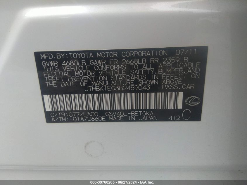 2011 Lexus Es 350 VIN: JTHBK1EG3B2459043 Lot: 39760205