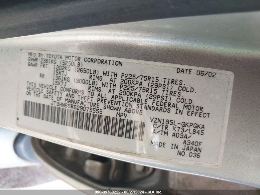 2002 Toyota 4Runner Sr5 V6 VIN: JT3HN86R629075555 Lot: 39760222