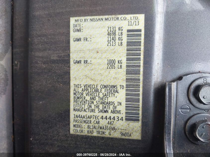 2014 Nissan Maxima 3.5 Sv VIN: 1N4AA5AP7EC444434 Lot: 39760225