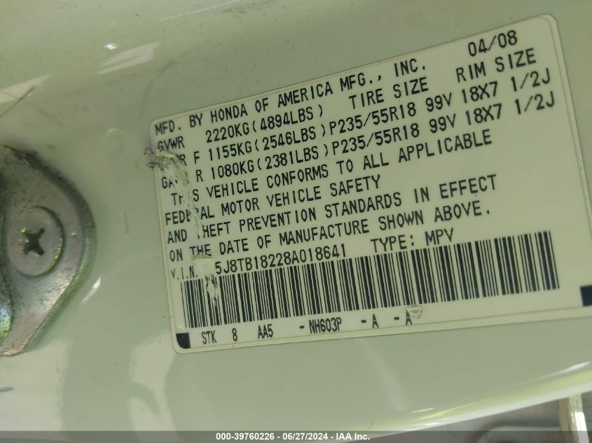 2008 Acura Rdx VIN: 5J8TB18228A018641 Lot: 39760226