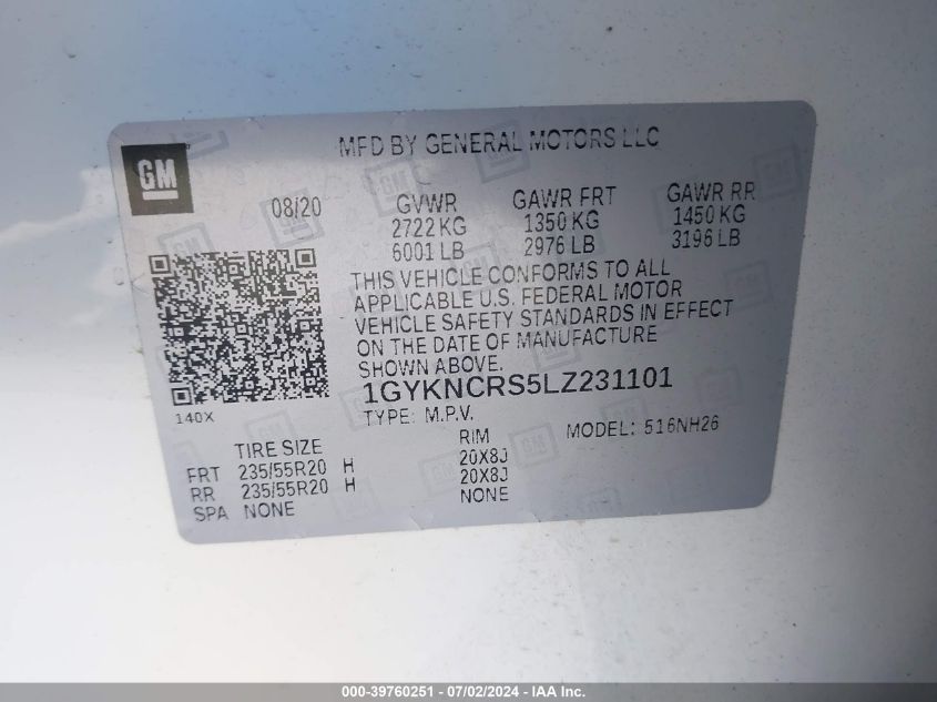 2020 Cadillac Xt5 Fwd Premium Luxury VIN: 1GYKNCRS5LZ231101 Lot: 39760251