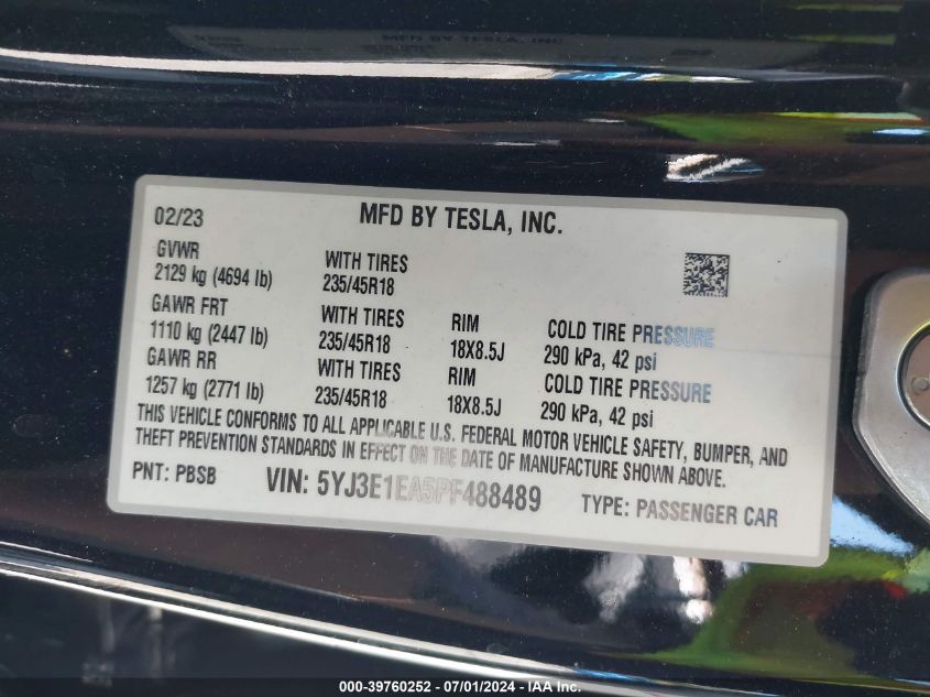 2023 Tesla Model 3 Rear-Wheel Drive VIN: 5YJ3E1EA5PF488489 Lot: 39760252