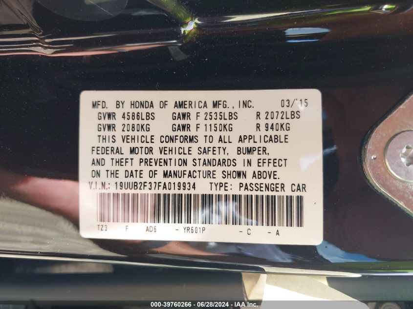 2015 Acura Tlx V6 VIN: 19UUB2F37FA019934 Lot: 39760266