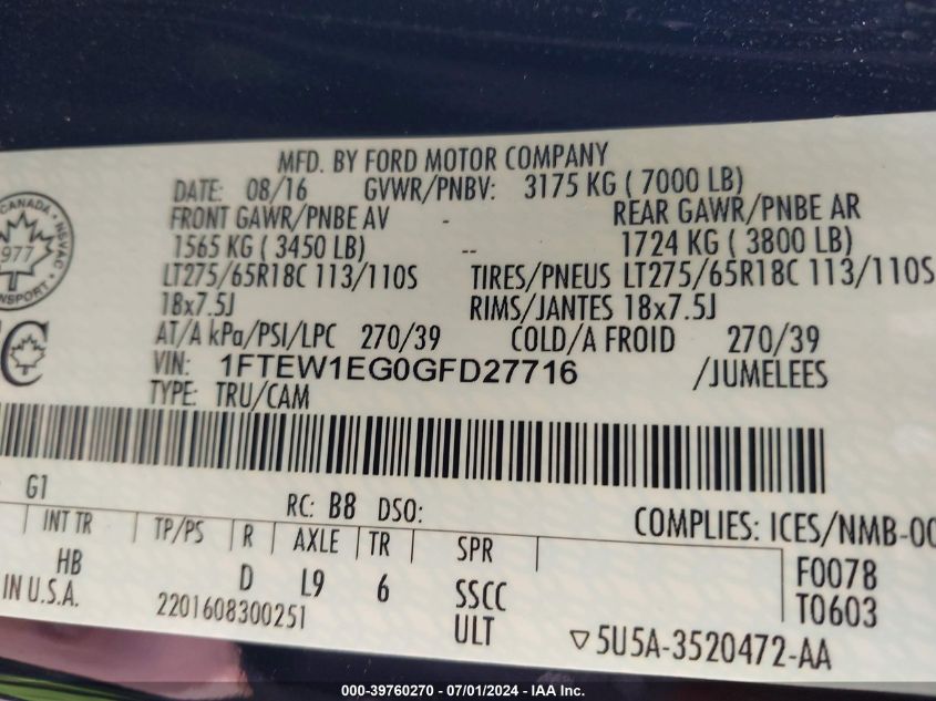 2016 Ford F-150 Lariat VIN: 1FTEW1EG0GFD27716 Lot: 39760270