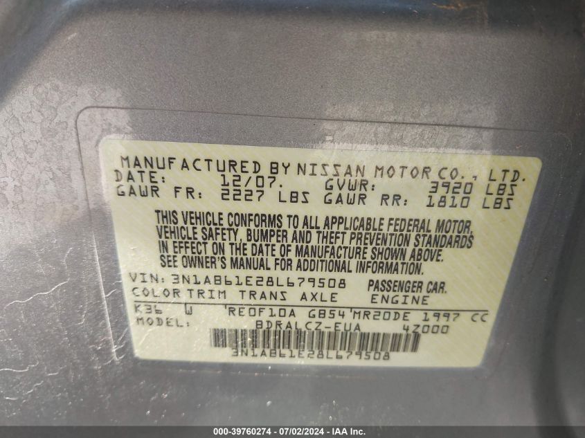 2008 Nissan Sentra 2.0 VIN: 3N1AB61E28L679508 Lot: 39760274