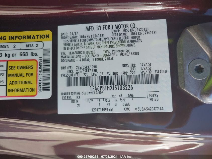 2018 Ford Mustang Ecoboost VIN: 1FA6P8TH2J5103226 Lot: 39760285