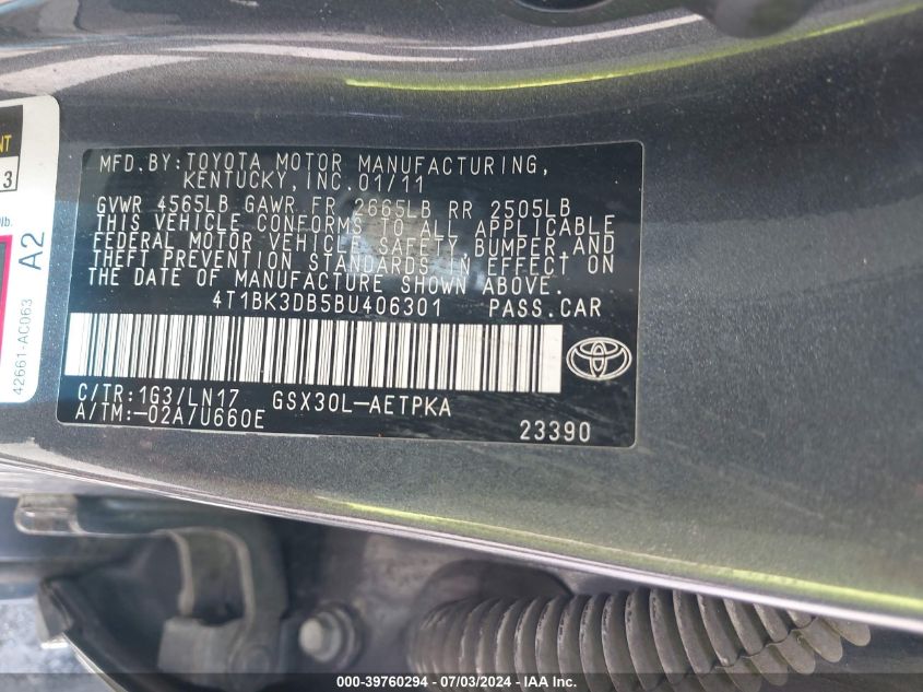 2011 Toyota Avalon Limited VIN: 4T1BK3DB5BU406301 Lot: 39760294