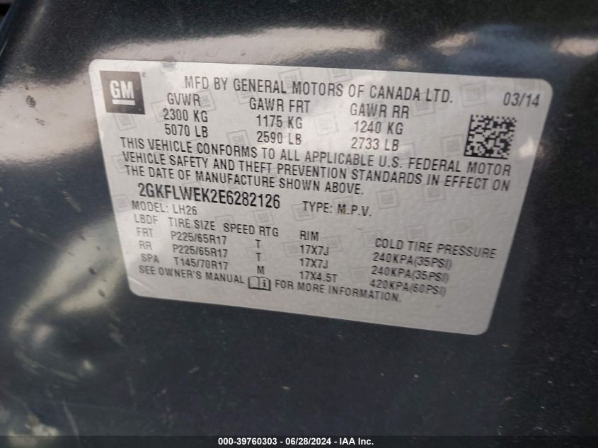 2014 GMC Terrain Sle-2 VIN: 2GKFLWEK2E6282126 Lot: 39760303