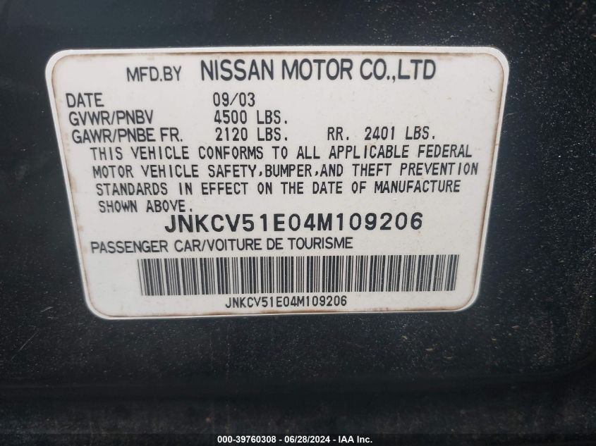 2004 Infiniti G35 VIN: JNKCV51E04M109206 Lot: 39760308