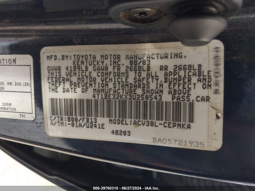 2003 Toyota Camry Le VIN: 4T1BE32KX3U250543 Lot: 39760310