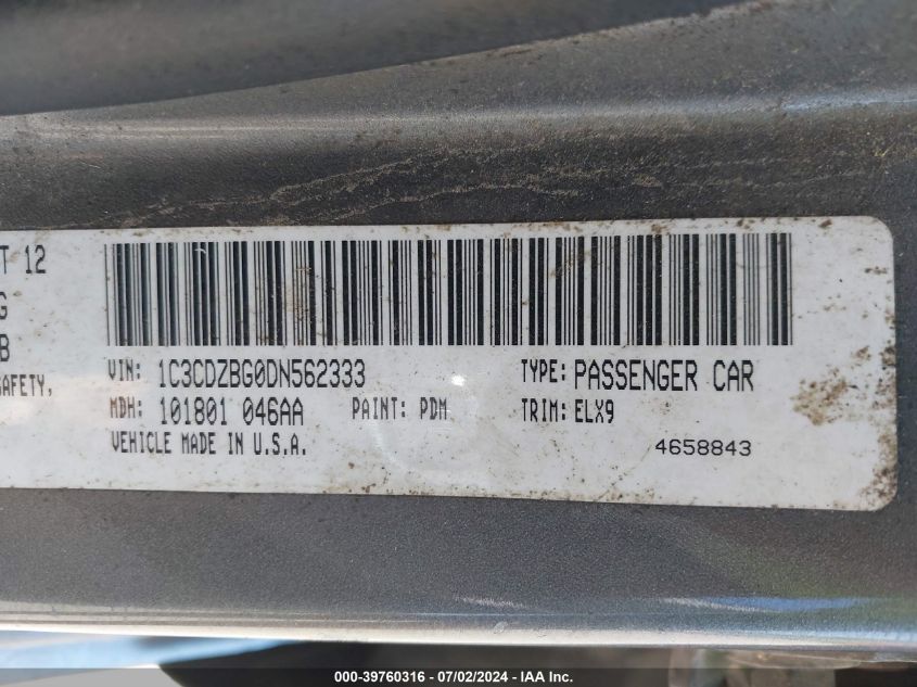 2013 Dodge Avenger R/T VIN: 1C3CDZBG0DN562333 Lot: 39760316