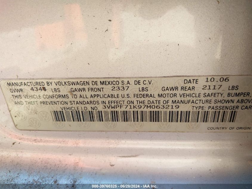 2007 Volkswagen Jetta 2.5 VIN: 3VWPF71K97M063219 Lot: 39760325