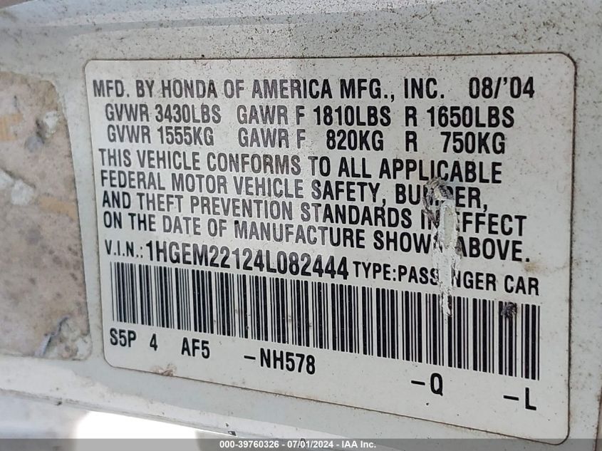 2004 Honda Civic Vp VIN: 1HGEM22124L082444 Lot: 39760326