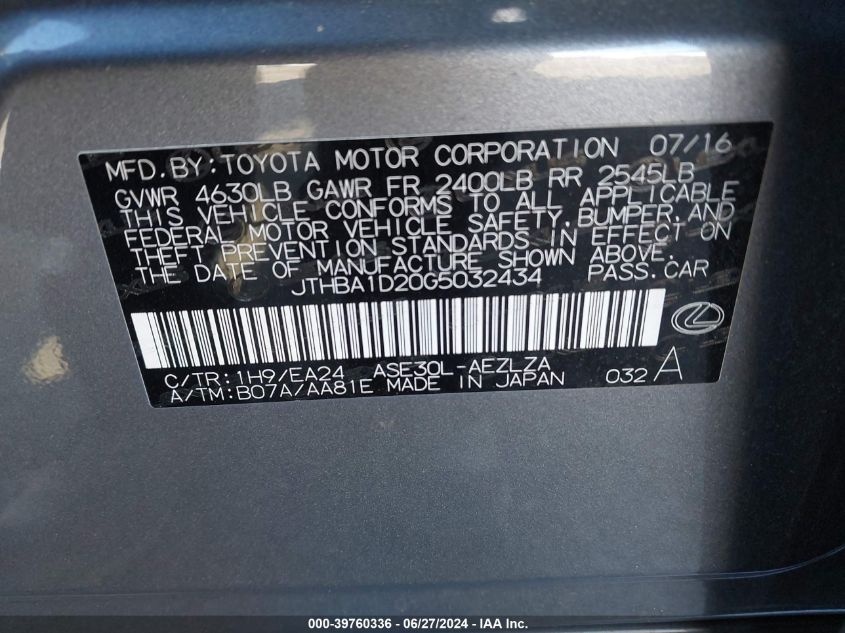 2016 Lexus Is 200T VIN: JTHBA1D20G5032434 Lot: 39760336