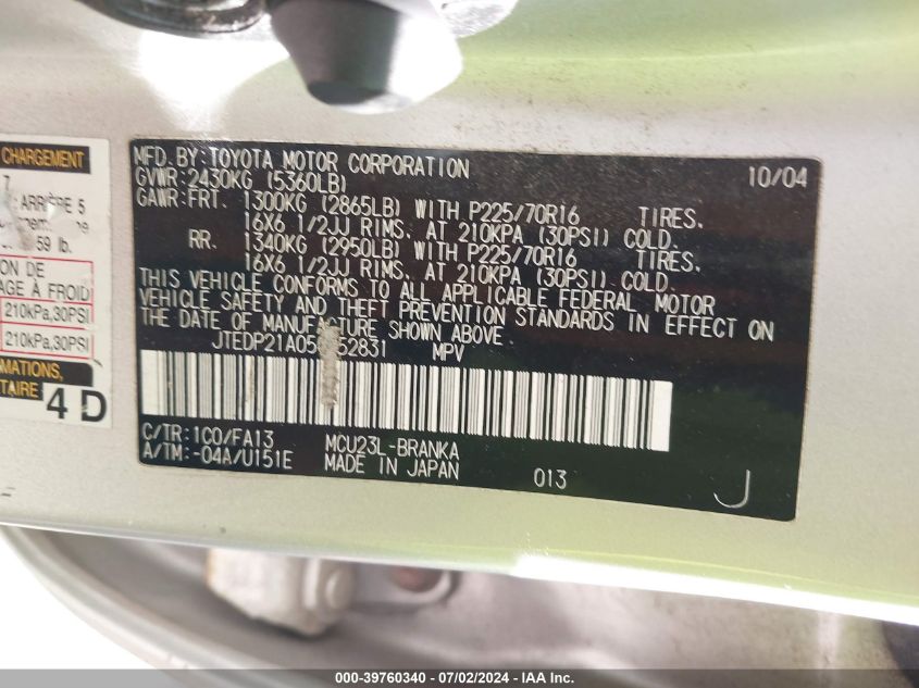 2005 Toyota Highlander V6 VIN: JTEDP21A050052831 Lot: 39760340