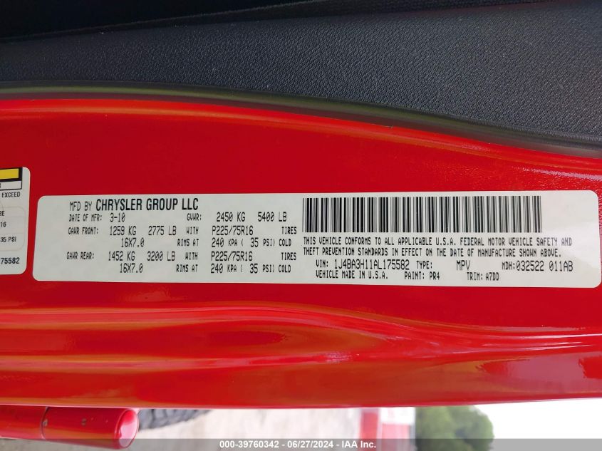 2010 Jeep Wrangler Unlimited Sport VIN: 1J4BA3H11AL175582 Lot: 39760342