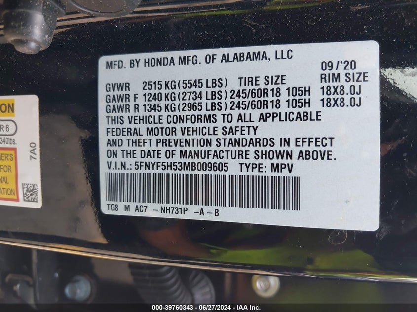 VIN 5FNYF5H53MB009605 2021 HONDA PILOT 2WD EX-L