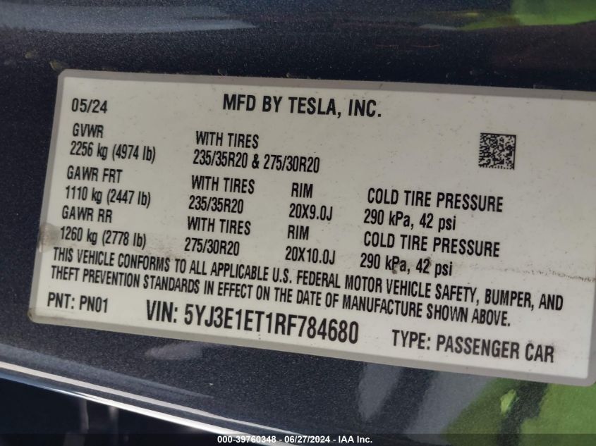 2024 Tesla Model 3 VIN: 5YJ3E1ET1RF784680 Lot: 39760348