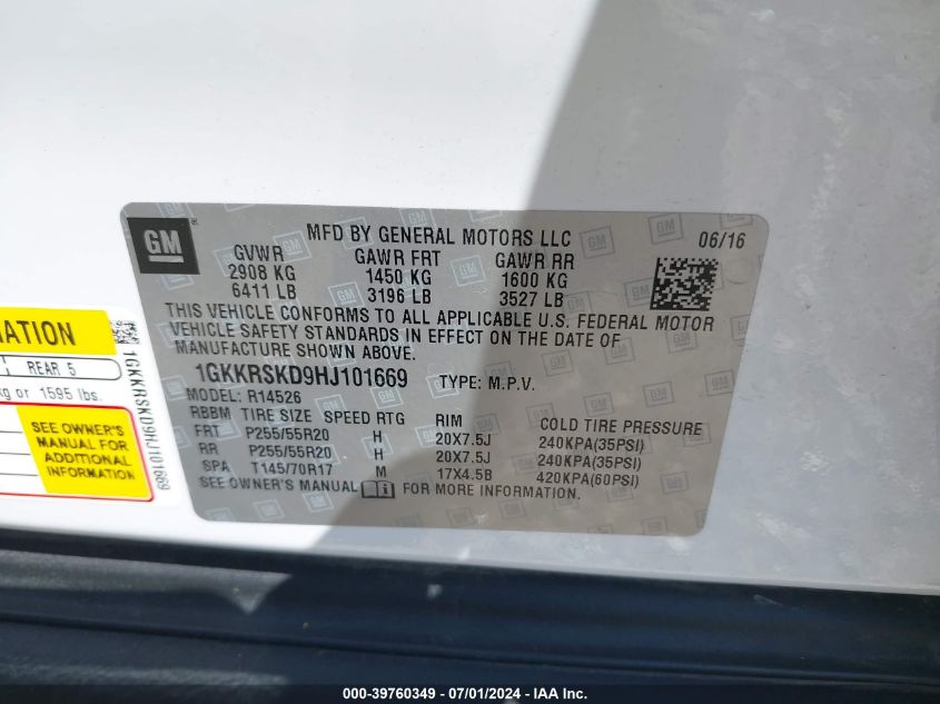 2017 GMC Acadia Limited VIN: 1GKKRSKD9HJ101669 Lot: 39760349