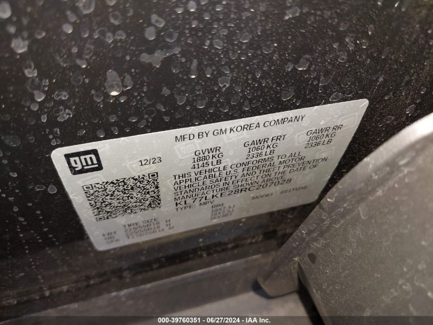 2024 Chevrolet Trax Fwd Activ VIN: KL77LKE28RC207028 Lot: 39760351