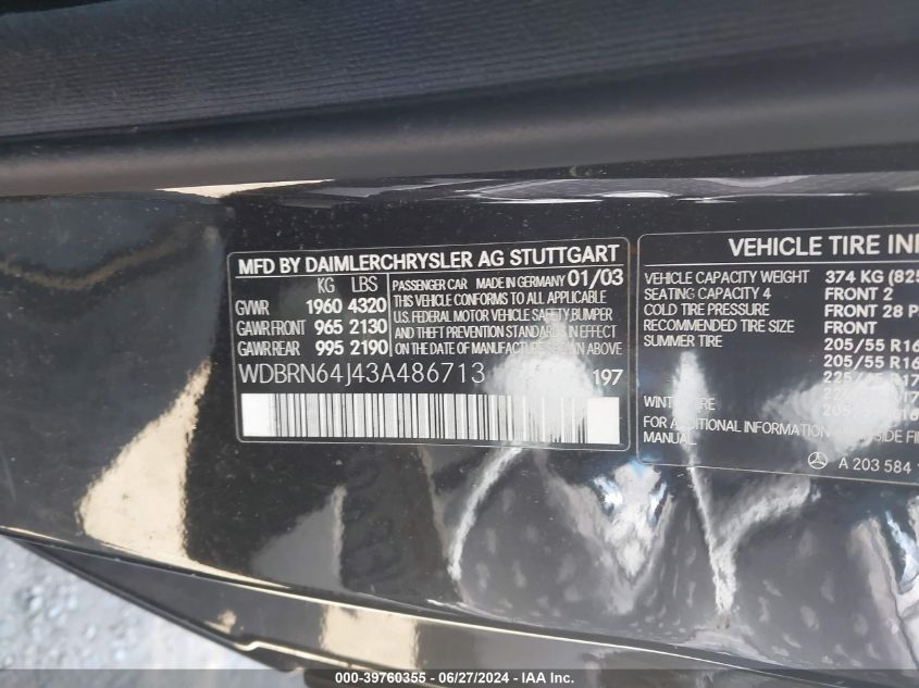 2003 Mercedes-Benz C 320 Sport VIN: WDBRN64J43A486713 Lot: 39760355