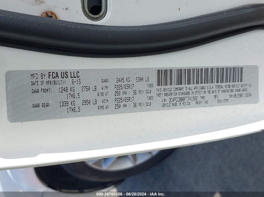 2015 Dodge Journey Sxt VIN: 3C4PDCBB8FT741902 Lot: 39760356