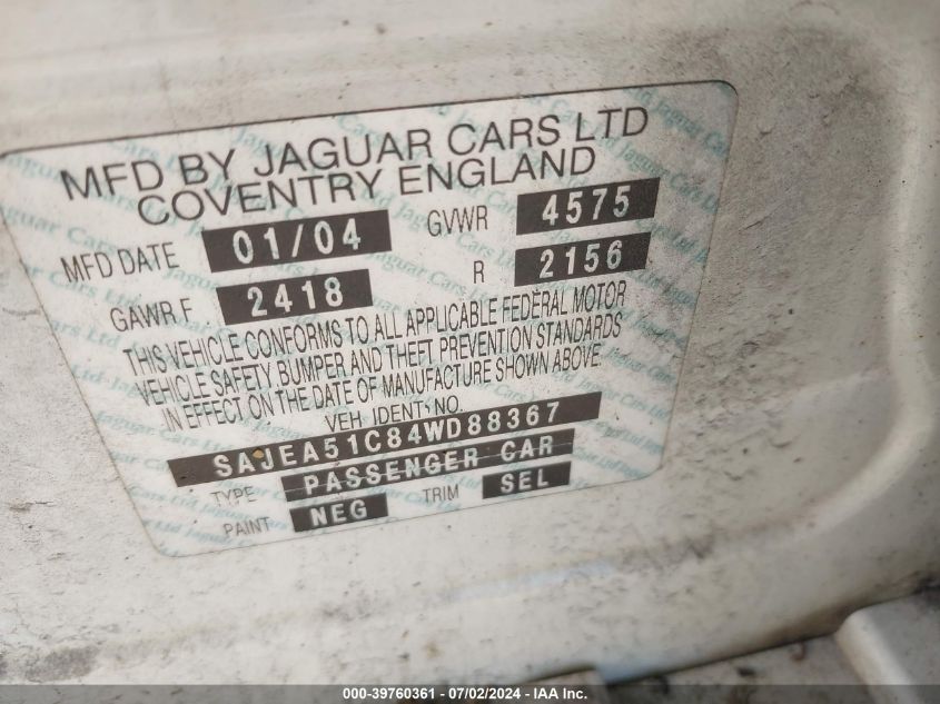 2004 Jaguar X-Type 3.0 VIN: SAJEA51C84WD88367 Lot: 39760361
