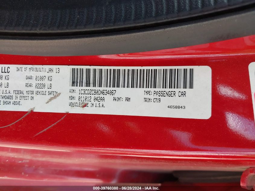 2013 Dodge Avenger Sxt VIN: 1C3CDZCB0DN634067 Lot: 39760380