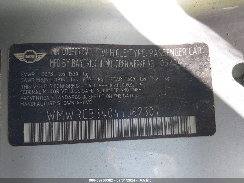 2004 Mini Cooper VIN: WMWRC33404TJ62307 Lot: 39760382