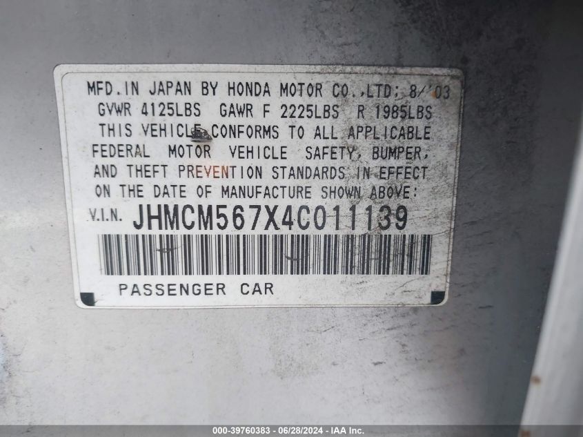 2004 Honda Accord Ex VIN: JHMCM567X4C011139 Lot: 39760383