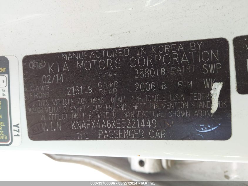 2014 Kia Forte Lx VIN: KNAFX4A6XE5221449 Lot: 39760396