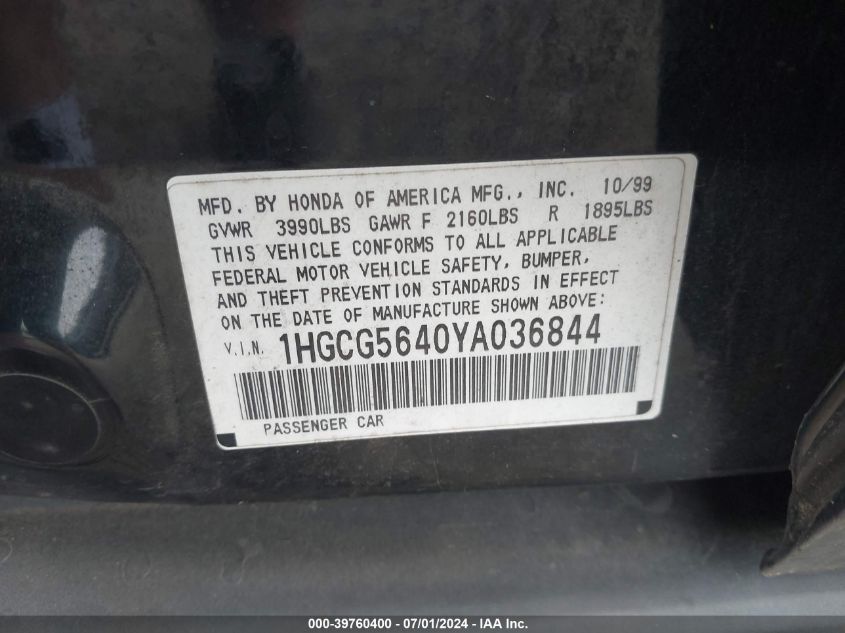 2000 Honda Accord 2.3 Lx VIN: 1HGCG5640YA036844 Lot: 39760400