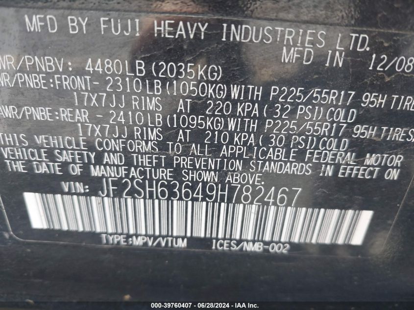 2009 Subaru Forester 2.5X VIN: JF2SH63649H782467 Lot: 39760407
