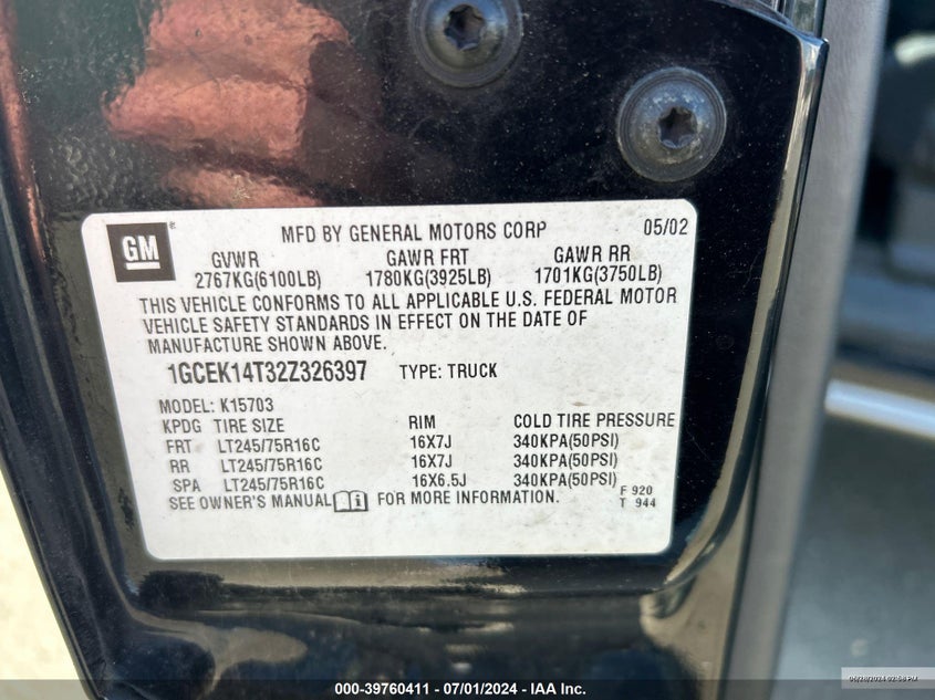 2002 Chevrolet Silverado 1500 Ls VIN: 1GCEK14T32Z326397 Lot: 39760411