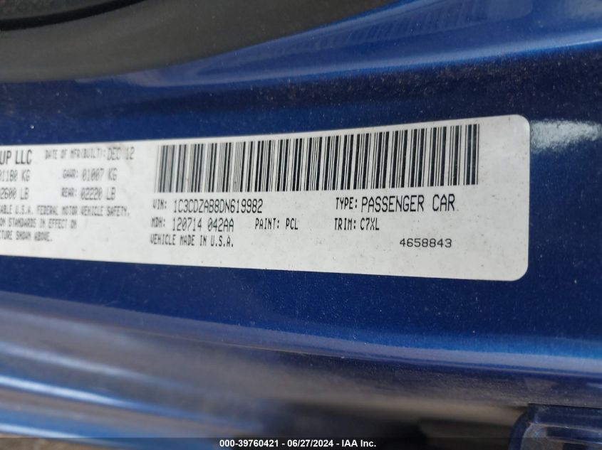 2013 Dodge Avenger Se VIN: 1C3CDZAB8DN619982 Lot: 39760421