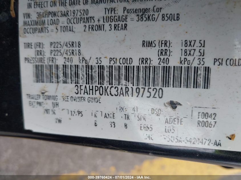 2010 Ford Fusion Sport VIN: 3FAHP0KC3AR197520 Lot: 39760424