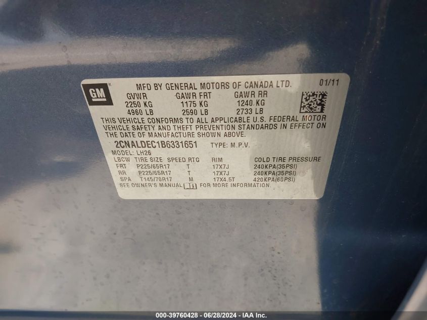 2011 Chevrolet Equinox 1Lt VIN: 2CNALDEC1B6331651 Lot: 39760428