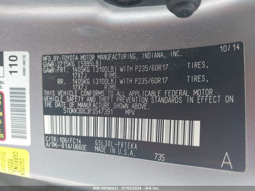 2015 Toyota Sienna Le 8 Passenger VIN: 5TDKK3DC3FS547391 Lot: 39760431