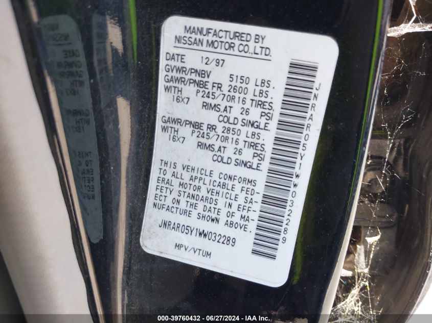 1998 Infiniti Qx4 VIN: JNRAR05Y1WW032289 Lot: 39760432