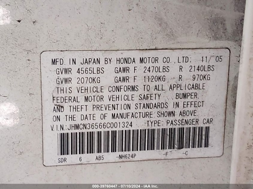2006 Honda Accord Hybrid VIN: JHMCN36566C001324 Lot: 39760447